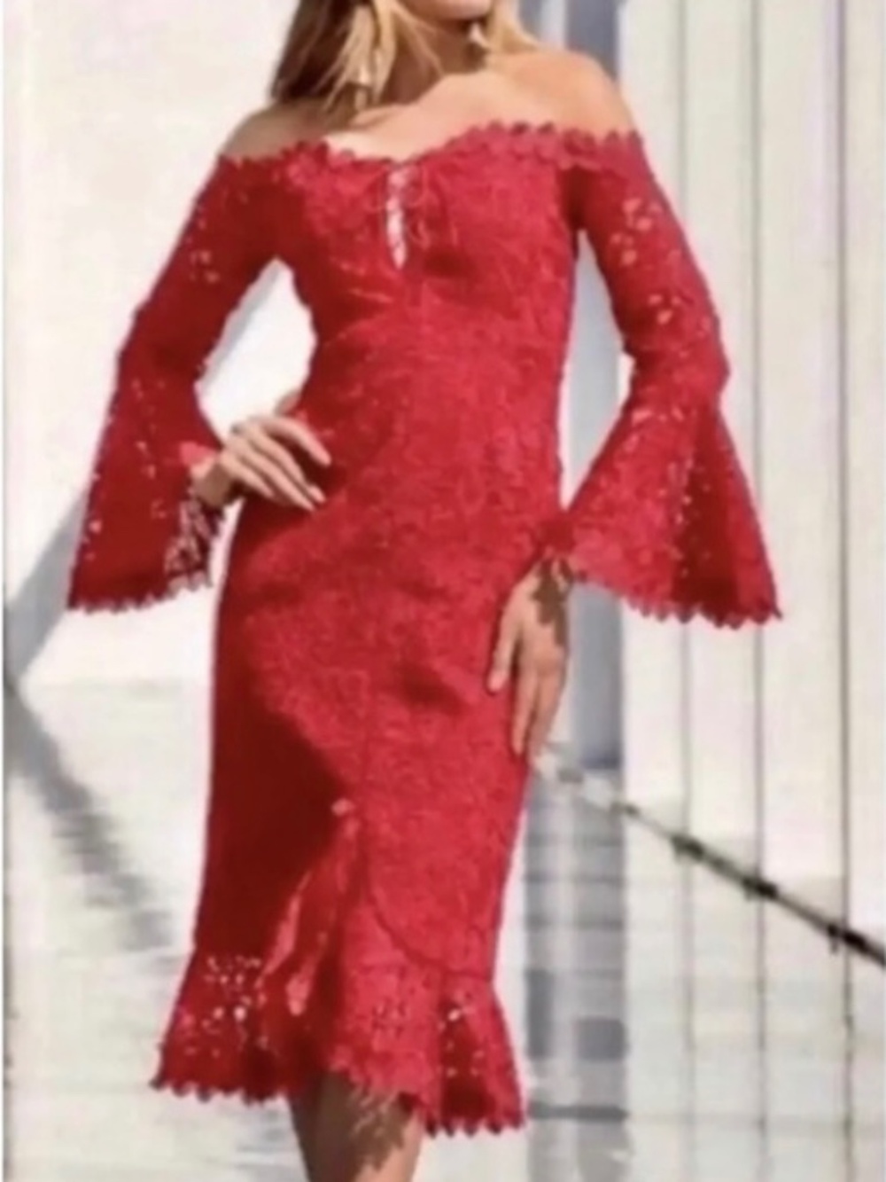 Boston Proper Womens Bell Sleeve Off The Shoulder Chunky Lace Dress size 4